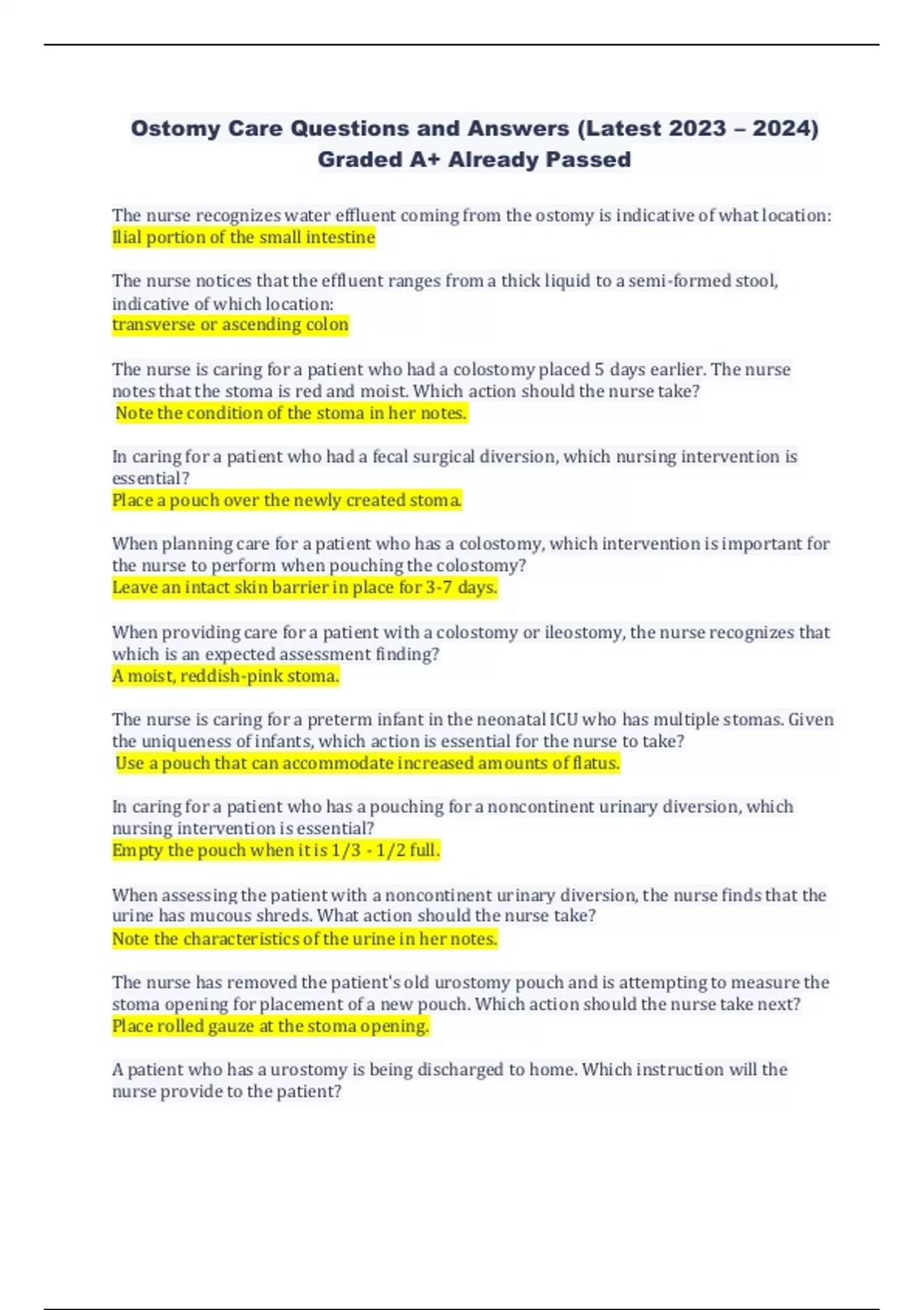 Ostomy Care Questions and Answers (Latest 2023 2024) Graded A+