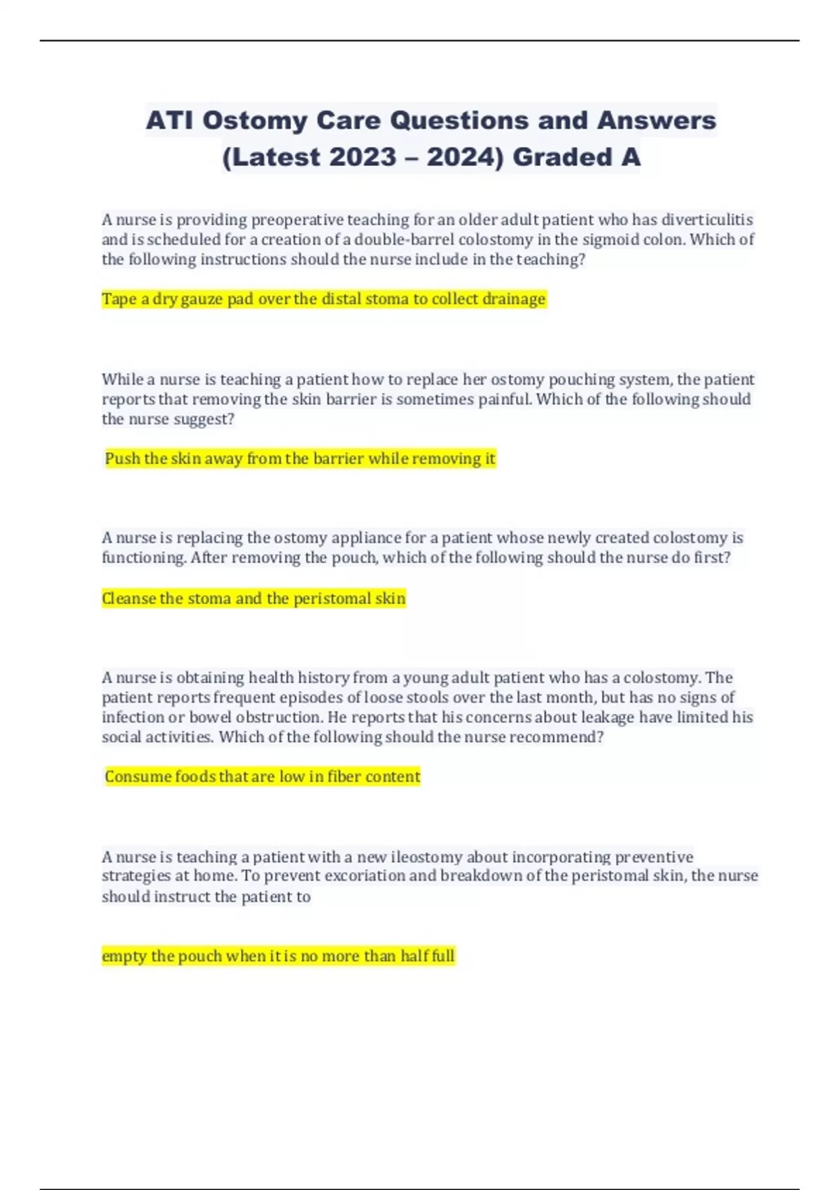 ATI Ostomy Care Questions and Answers (Latest 2023 2024) Graded A