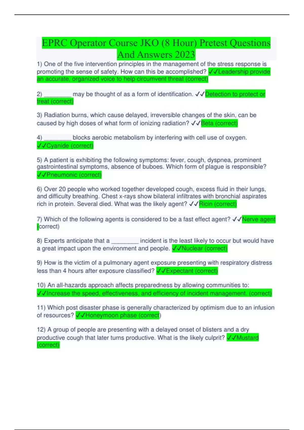 EPRC Operator Course JKO (8 Hour) Pretest Questions And Answers 2023