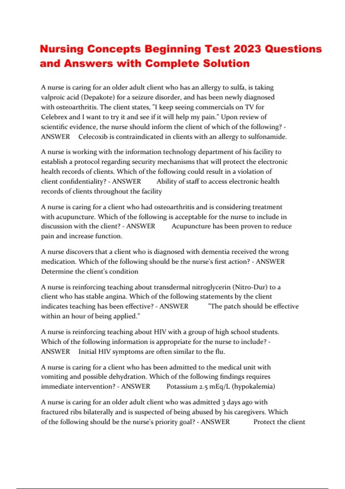 Nursing Concepts Beginning Test 2023 Questions and Answers with