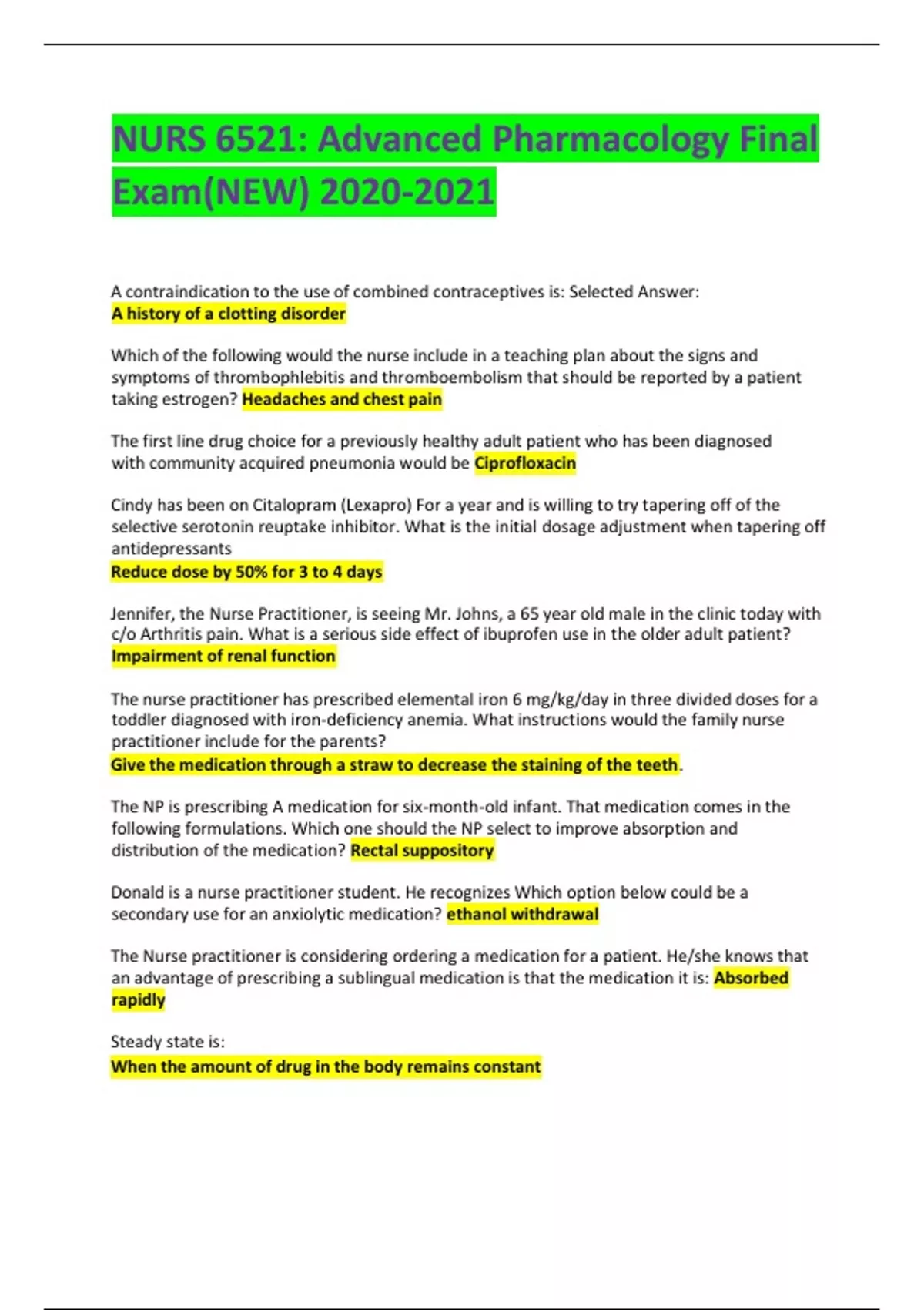 NURS 6521 ADVANCED PHARMACOLOGY FINAL EXAM (NEW) - Nursing - Stuvia US