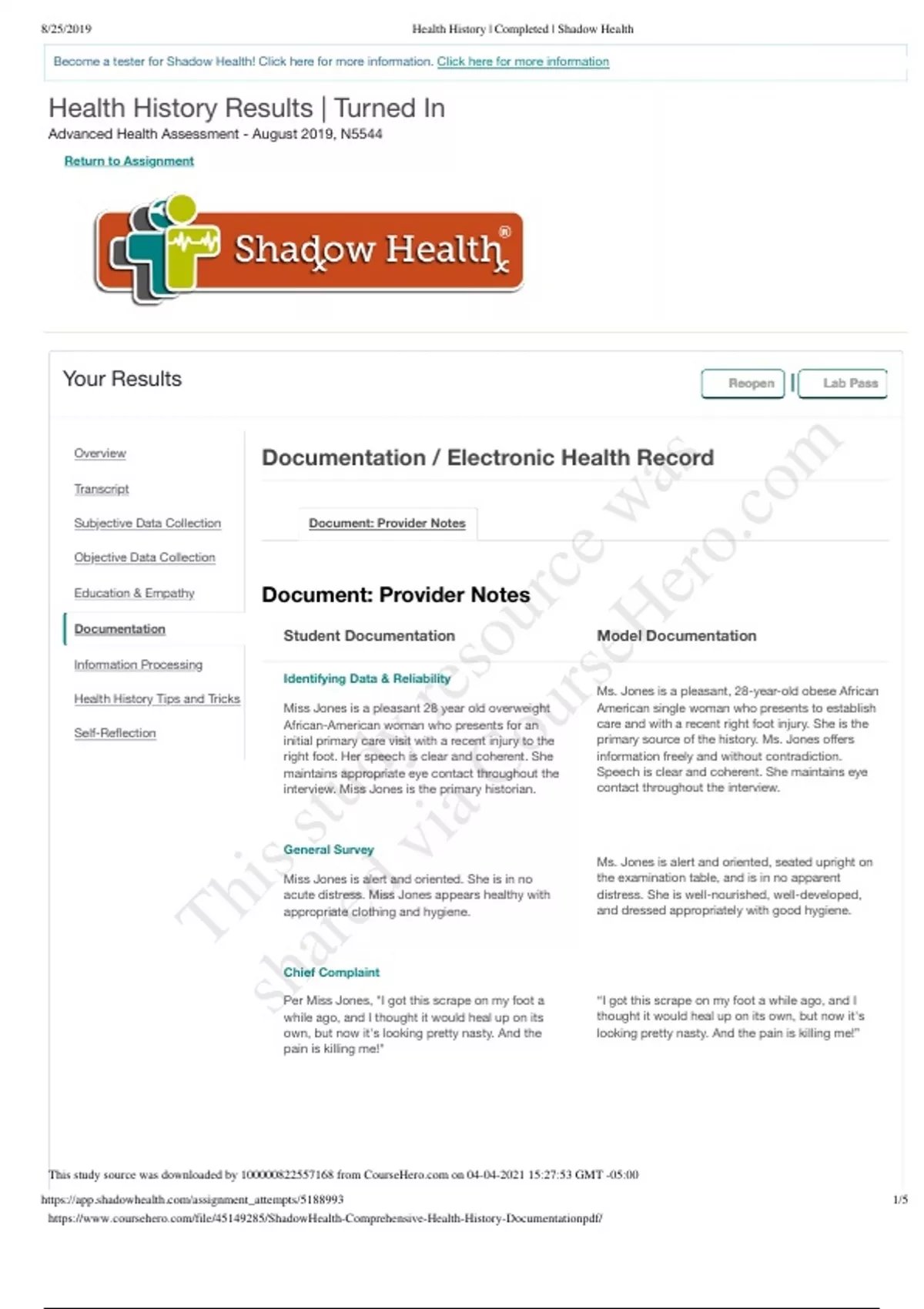 ATI Health History Results Turned In Advanced Health Assessment ATI