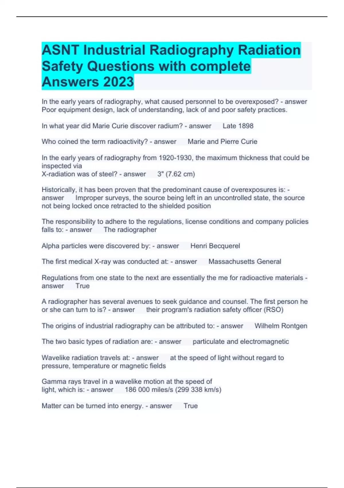 ASNT Industrial Radiography Radiation Safety Questions with complete