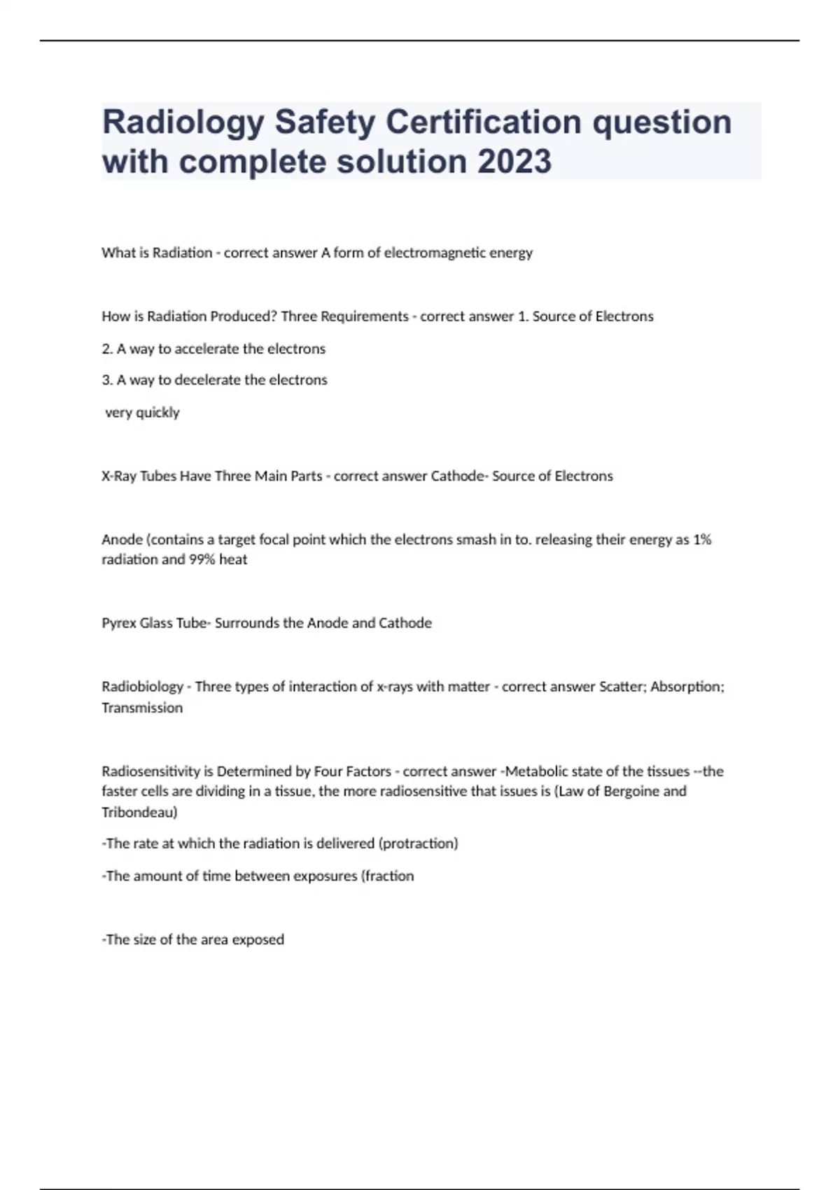 Radiology Safety Certification question with complete solution 2023