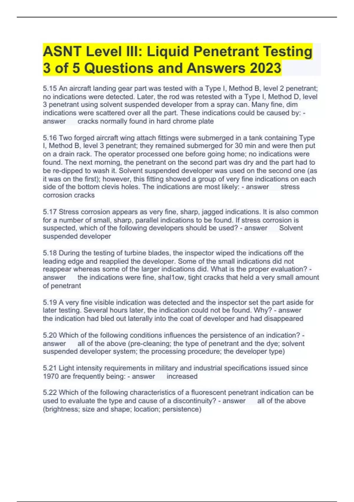 ASNT Level III Liquid Testing 3 of 5 Questions and Answers