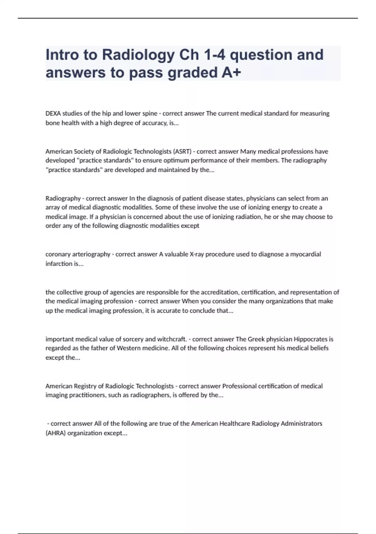 Intro to Radiology Ch 14 question and answers to pass graded A+