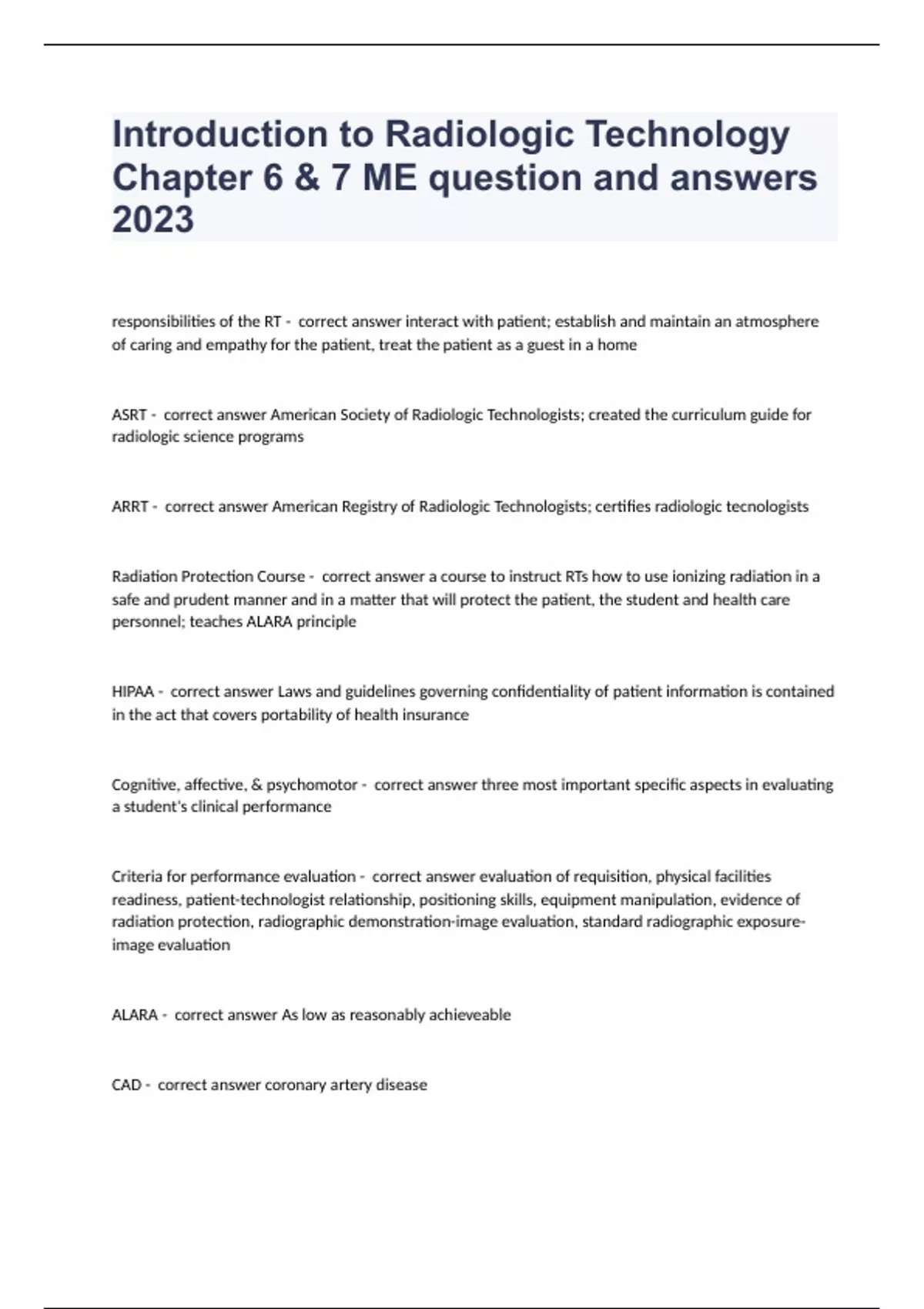 Introduction to Radiologic Technology Chapter 6 & 7 ME question and answers 2023 Certified