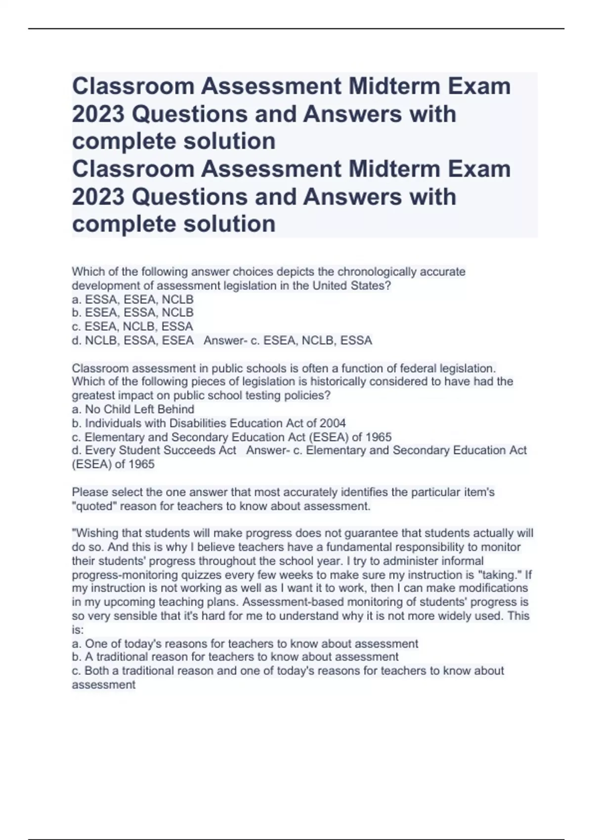 Classroom Assessment Midterm Exam 2023 Questions and Answers with ...
