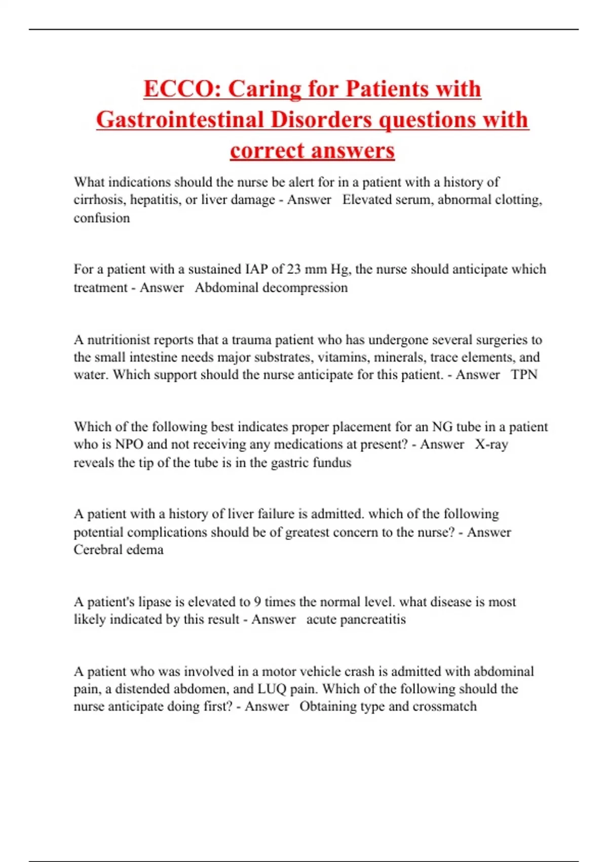 ECCO Caring for Patients with Gastrointestinal Disorders questions