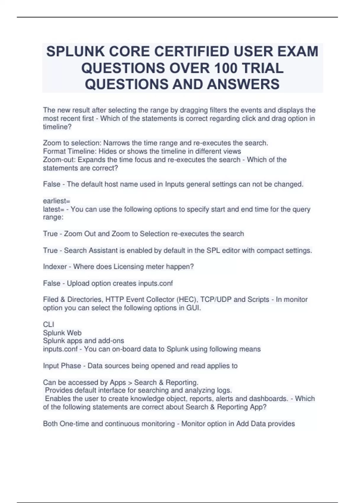 SPLUNK CORE CERTIFIED USER EXAM QUESTIONS OVER 100 TRIAL QUESTIONS AND
