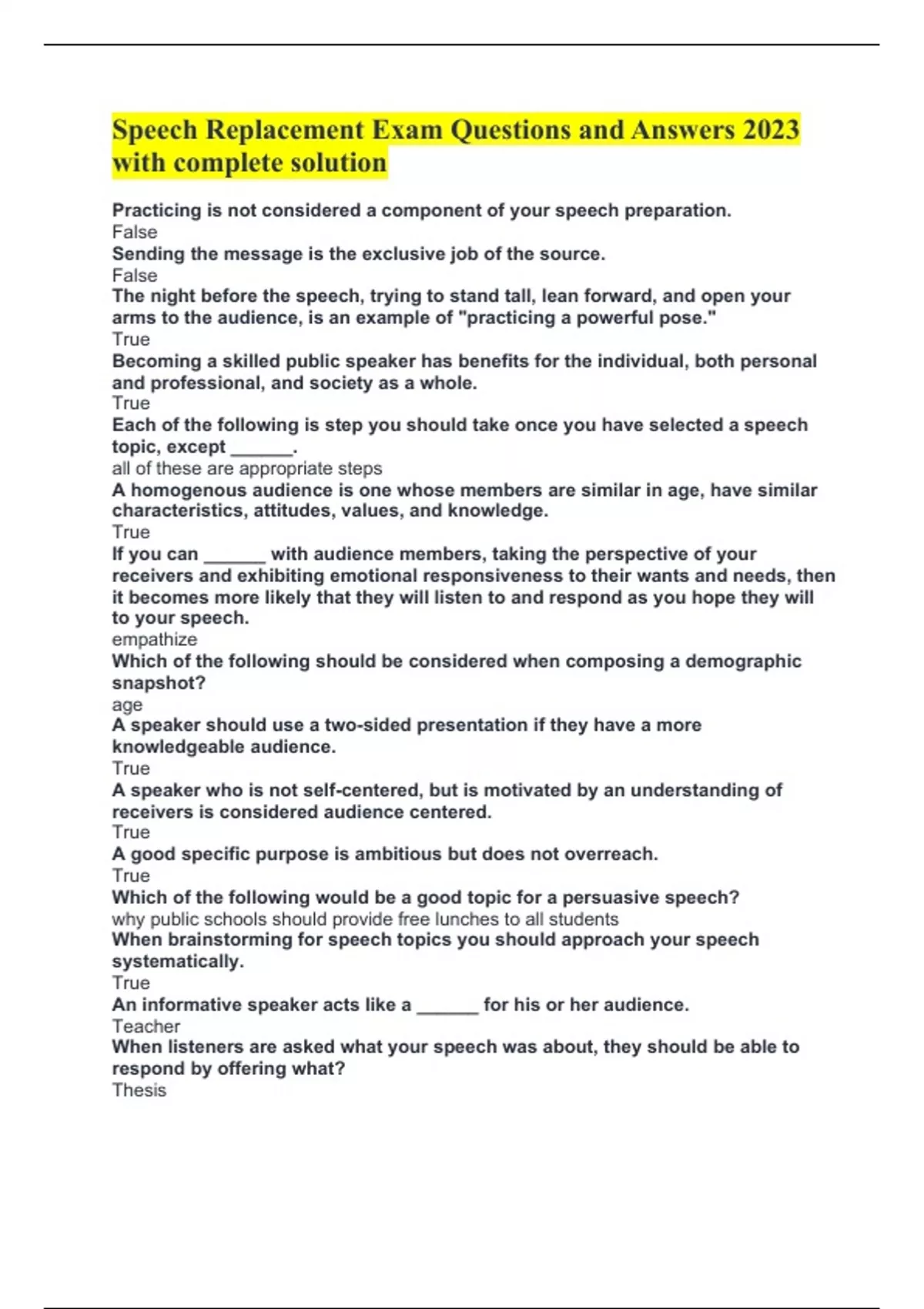 Speech Replacement Exam Questions and Answers 2023 with complete