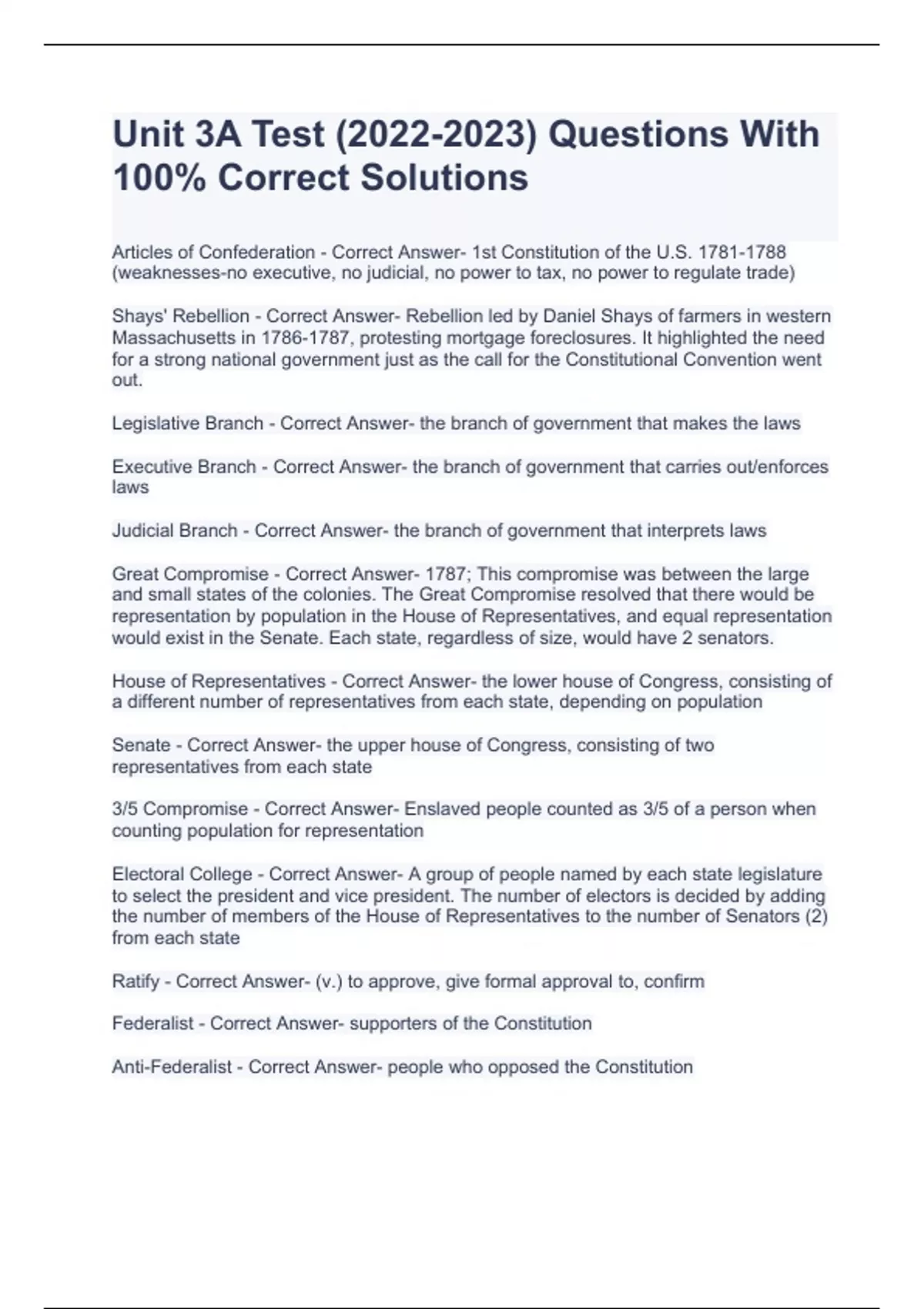 Unit 3A Test () Questions With 100% Correct Solutions - Unit 3A GOV3A ...