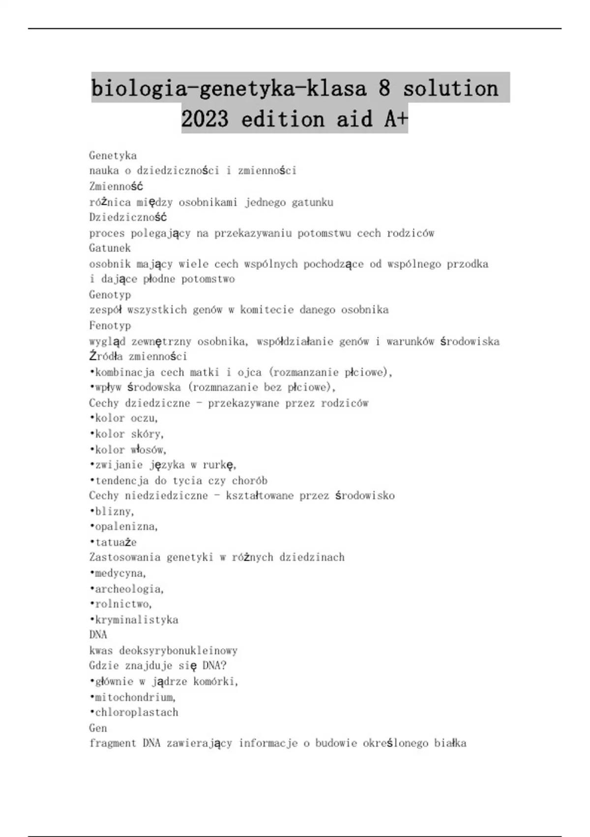 biologia-genetyka-klasa 8 solution 2023 edition aid A+ - Biologia