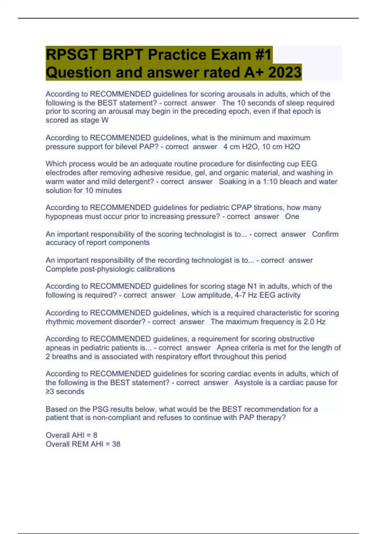 RPSGT BRPT Practice Exam 1 Question and answer rated A+ 2023 RPSGT