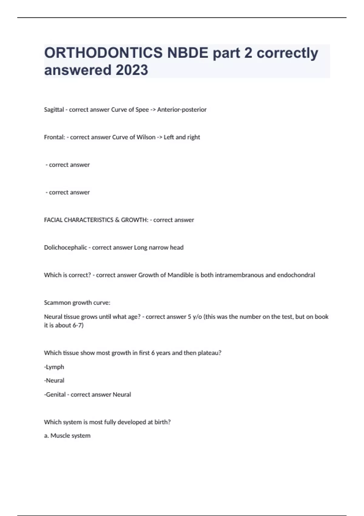 Orthodontics Nbde Part 2 Correctly Answered 2023 Nbde Stuvia Us