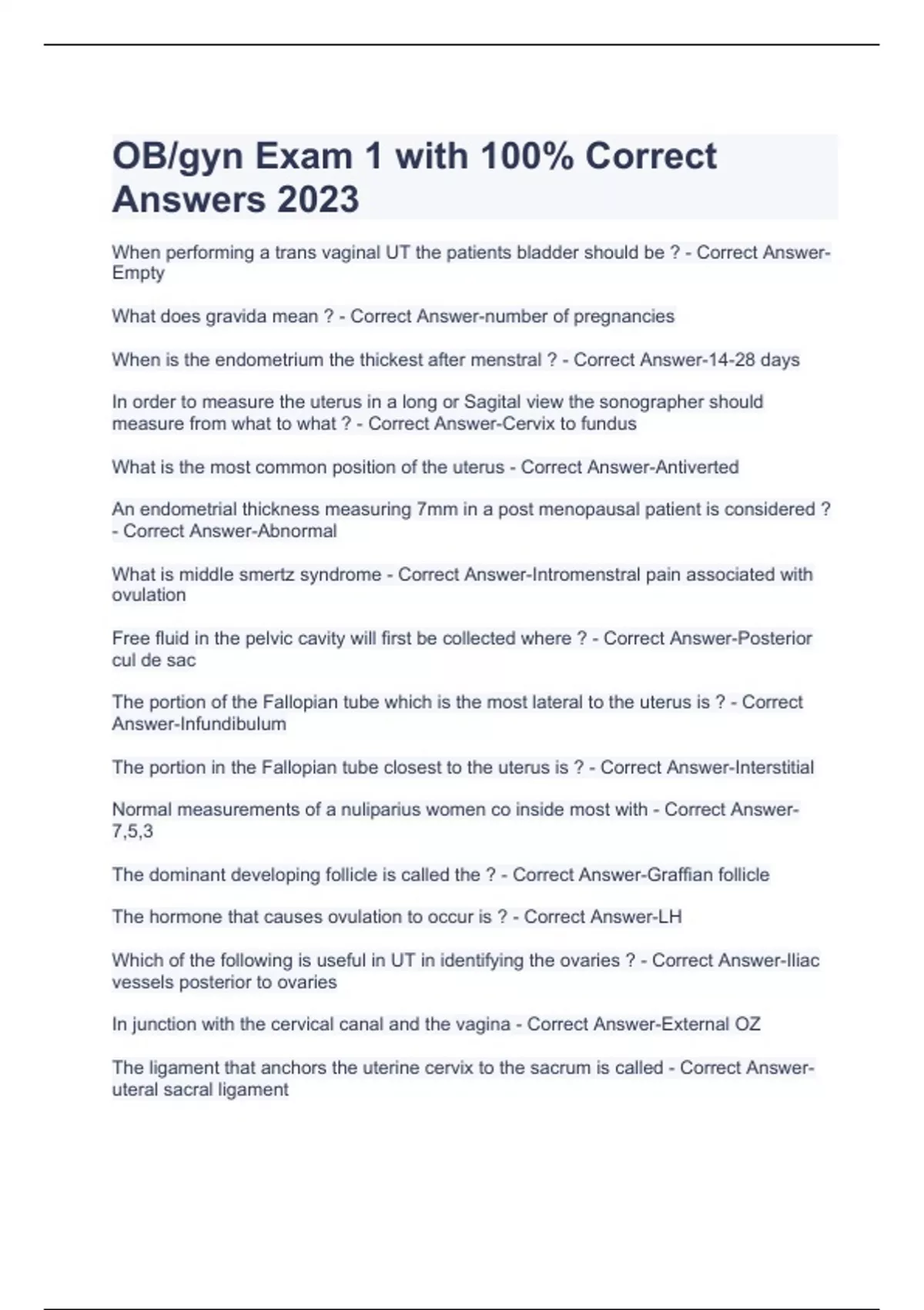 OB/Gyn Exam 1 With 100% Correct Answers 2023 - OB/Gyn - Stuvia US