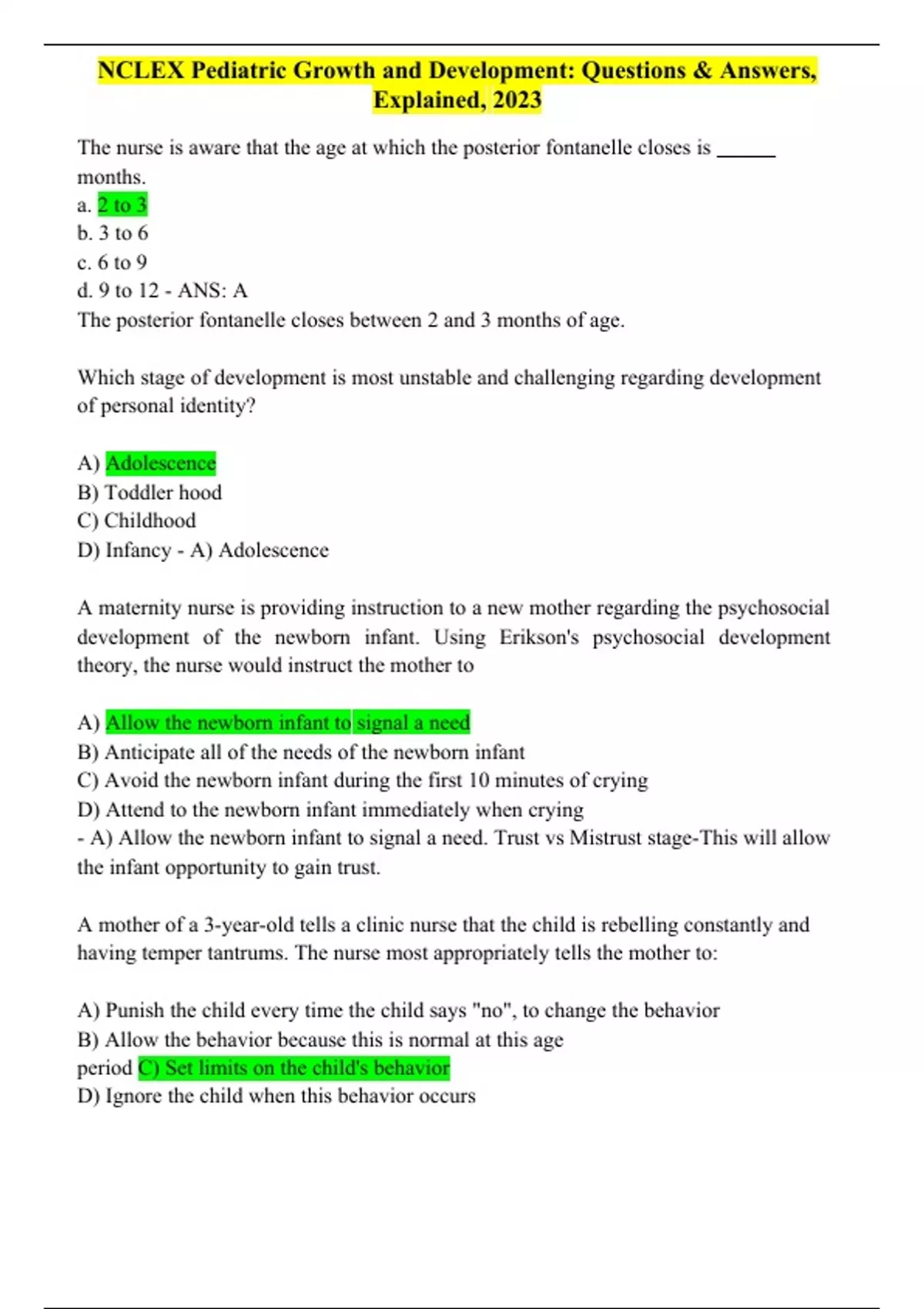 NCLEX Pediatric Growth and Development Questions & Answers, Explained, 2023 NCLEX Pediatric
