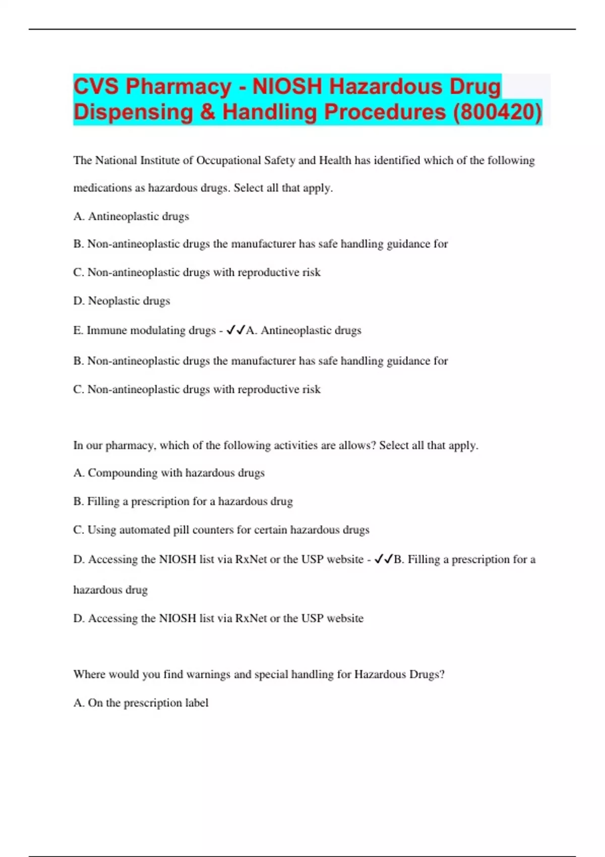 CVS Pharmacy - NIOSH Hazardous Drug Dispensing & Handling Procedures ...