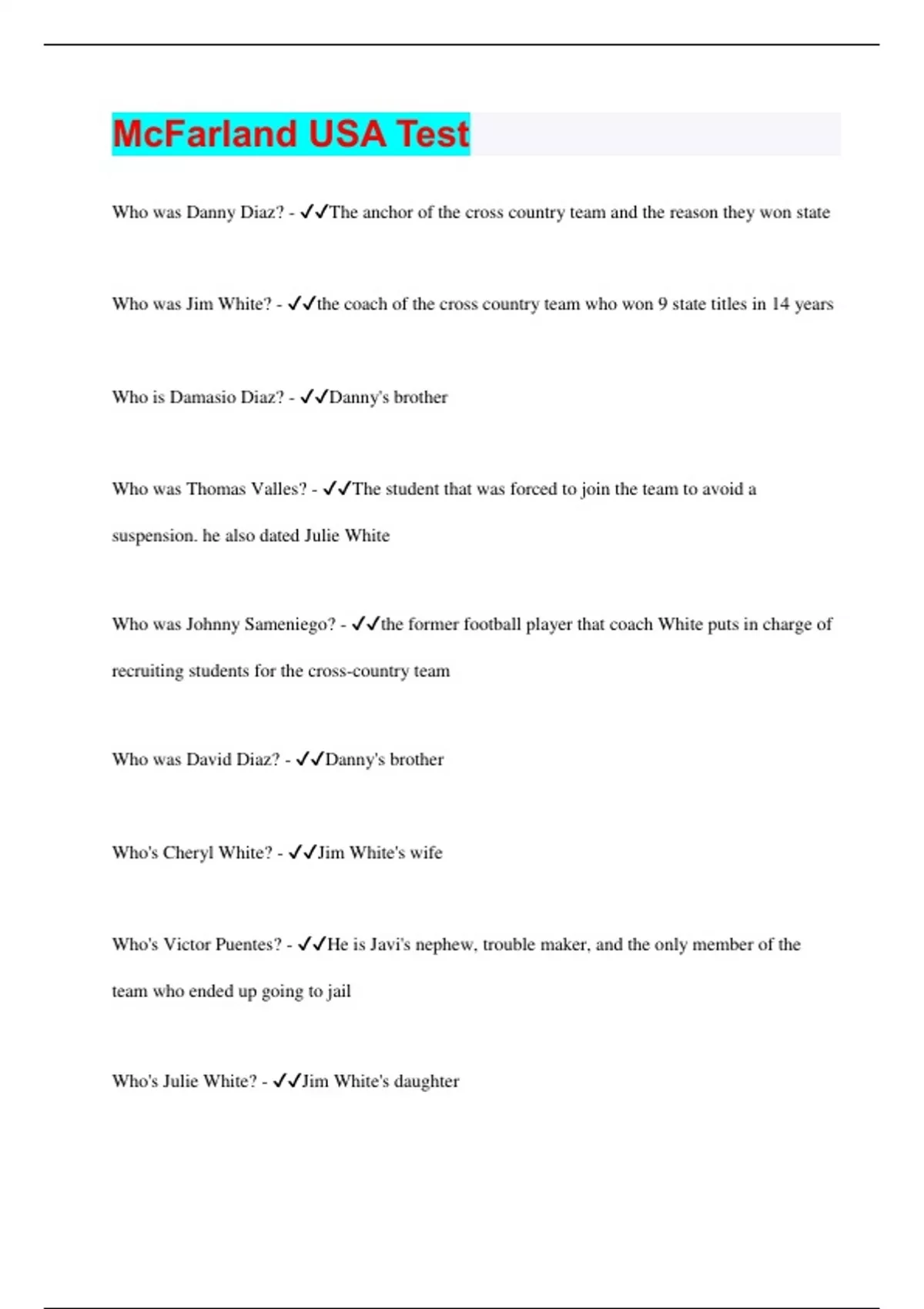 McFarland USA Test Questions with 100 Correct Answers Updated