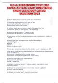 U&period;S&period;A&period; CITIZENSHIP TEST &lpar;100 CIVICS ACTUAL EXAM QUESTIONS&rpar; FROM USCIS&period;GOV LATEST SOLUTION 2023