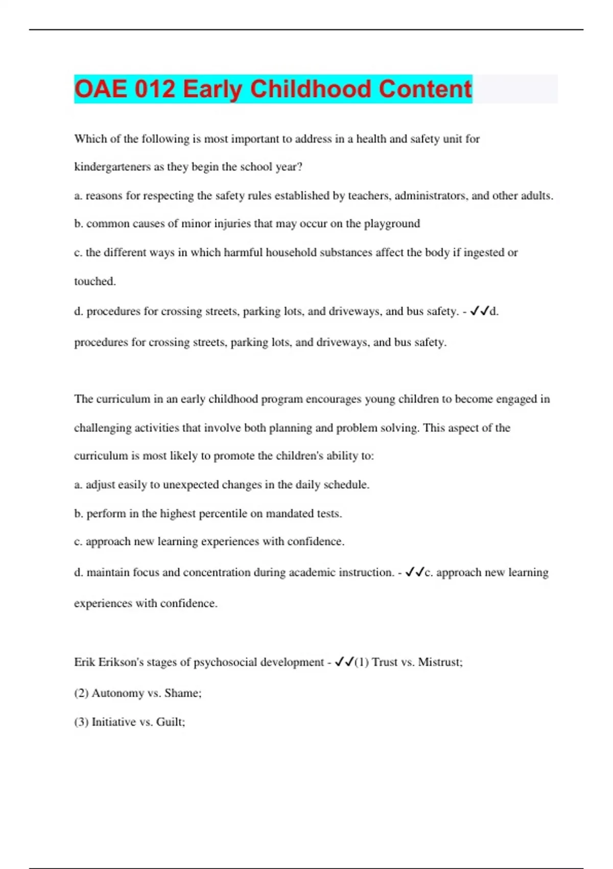OAE 012 Early Childhood Content 90 Questions with 100 Correct