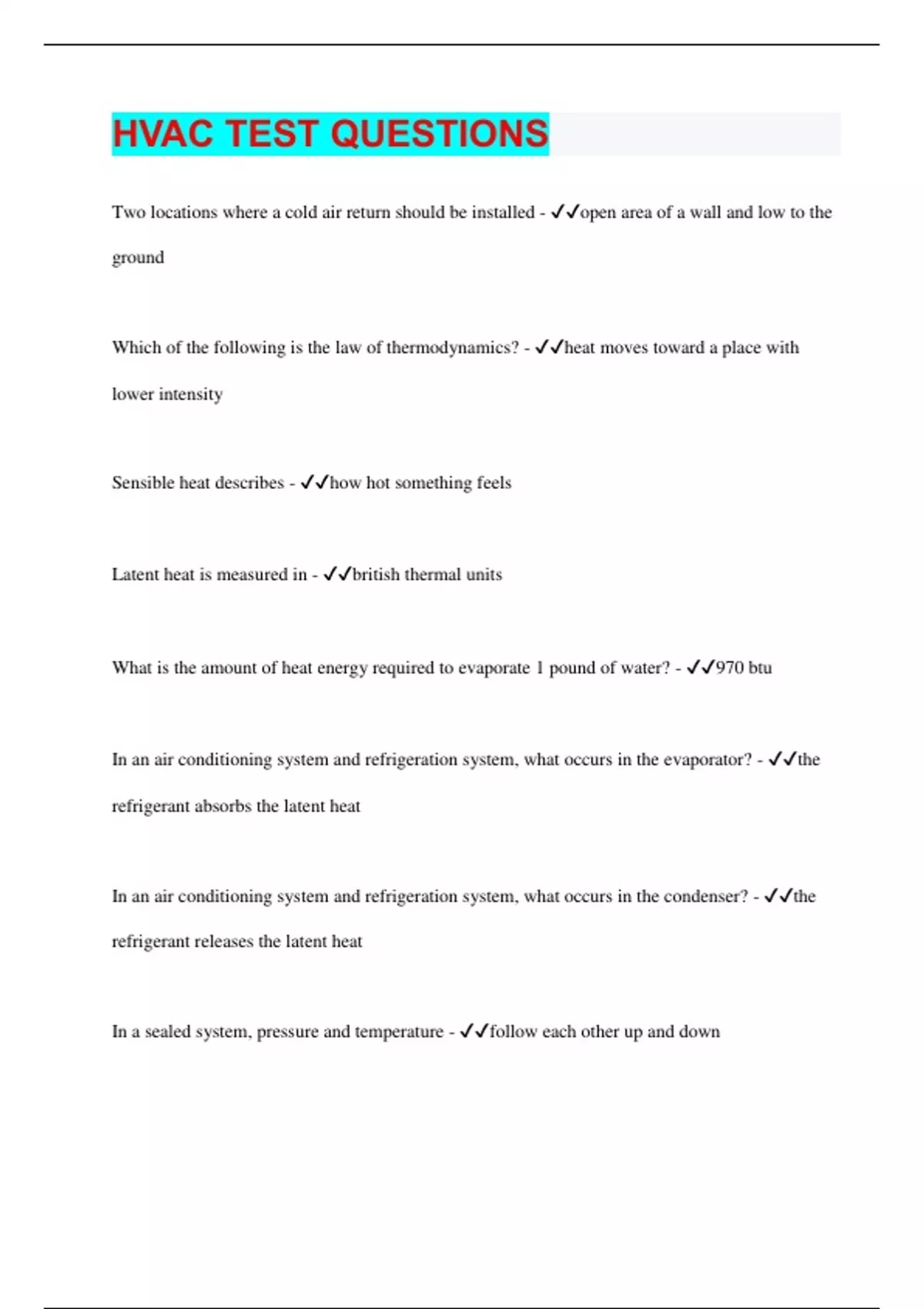 HVAC TEST QUESTIONS 90 Questions with 100 Correct Answers Updated & Verified HVAC Stuvia US