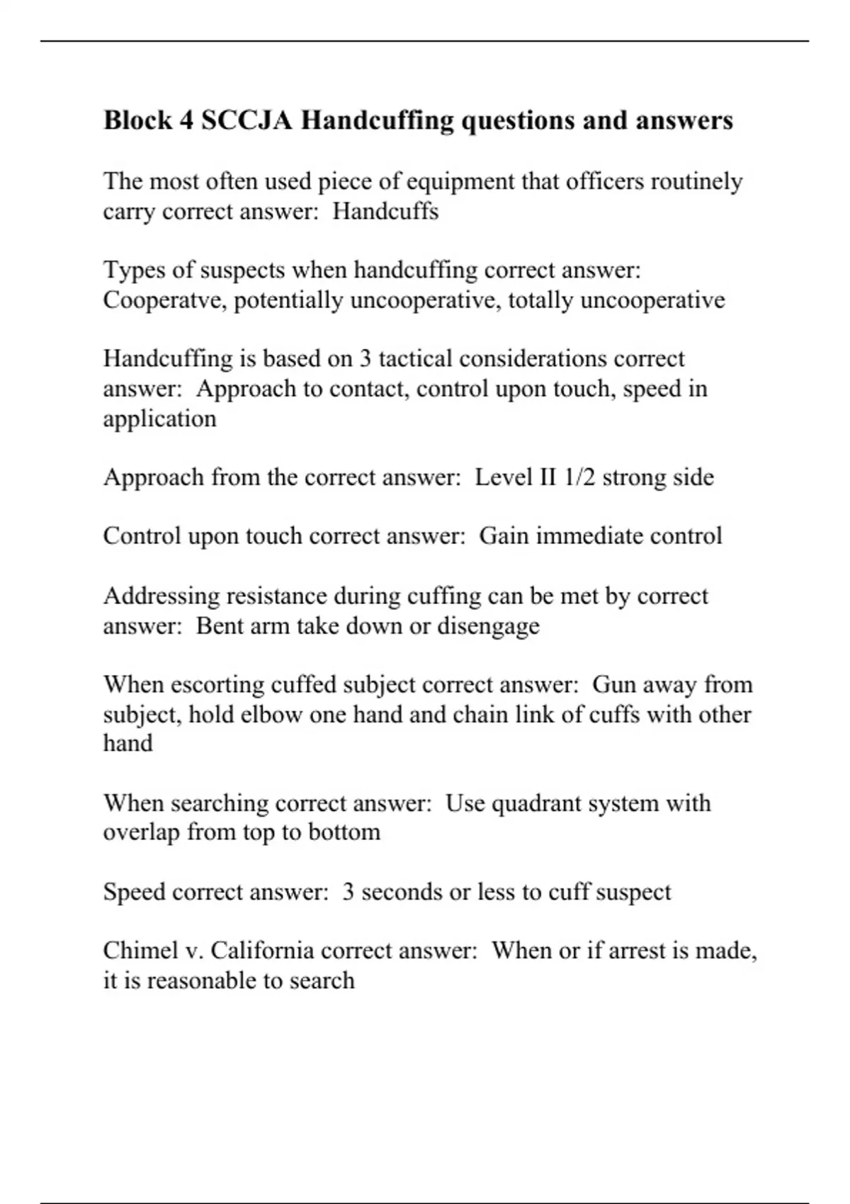 Block 4 SCCJA Handcuffing questions and answers Sccja Stuvia US