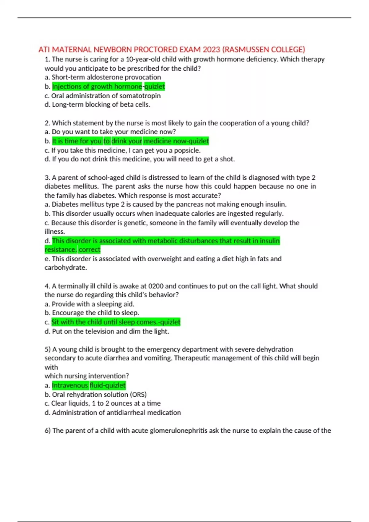 ATI MATERNAL NEWBORN PROCTORED EXAM 2023 (RASMUSSEN COLLEGE) - ATI ...