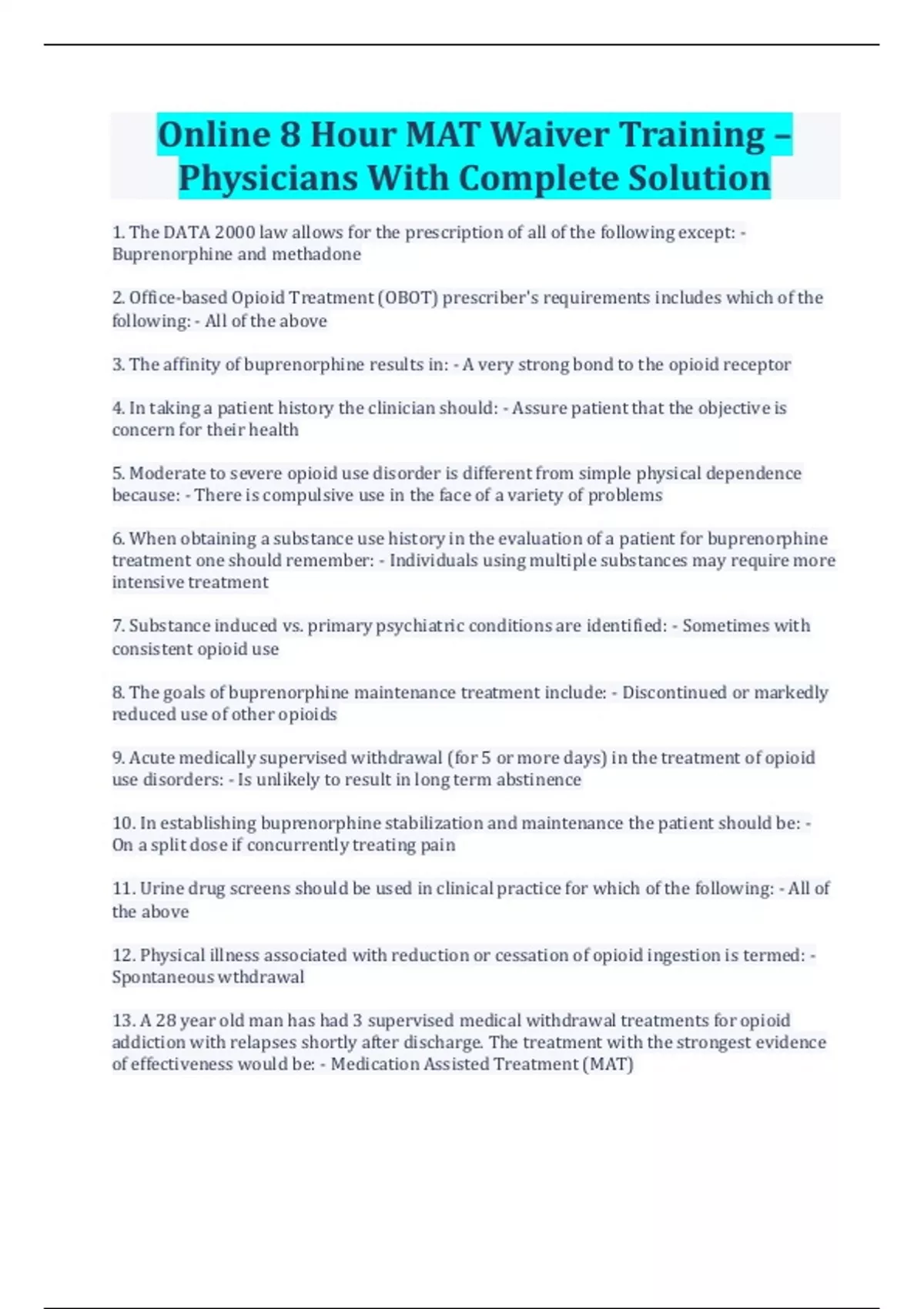 Online 8 Hour MAT Waiver Training Physicians With Complete Solution