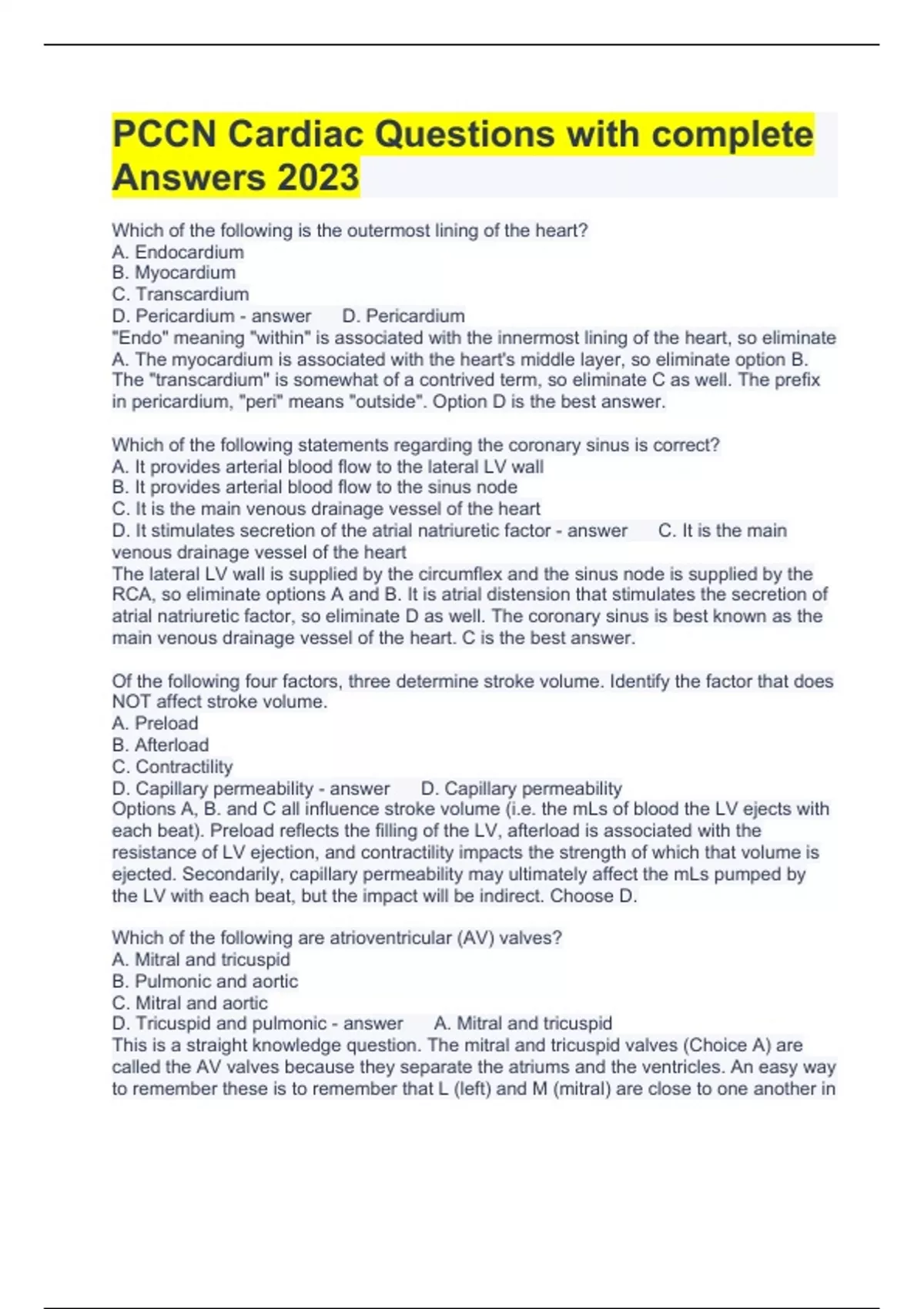 PCCN Cardiac Questions with complete Answers 2023 - Pccn - Stuvia US