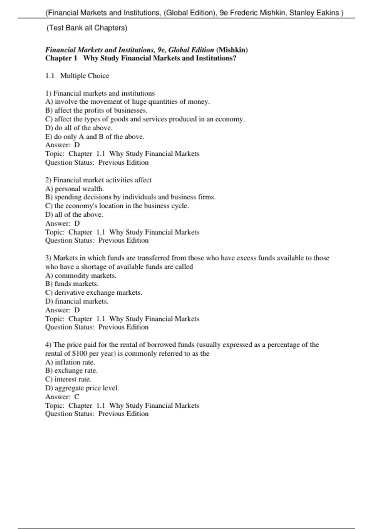 Financial Markets and Institutions (Global Edition) 9th Edition By ...