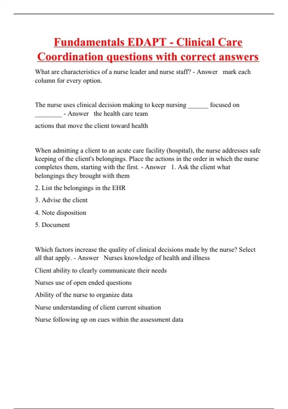 Fundamentals EDAPT Clinical Care Coordination questions with correct