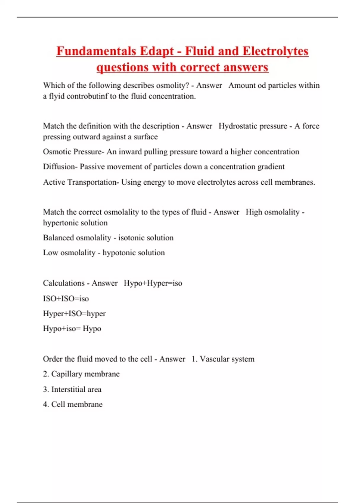 Fundamentals Edapt Fluid and Electrolytes questions with correct answers Fundamentals Edapt