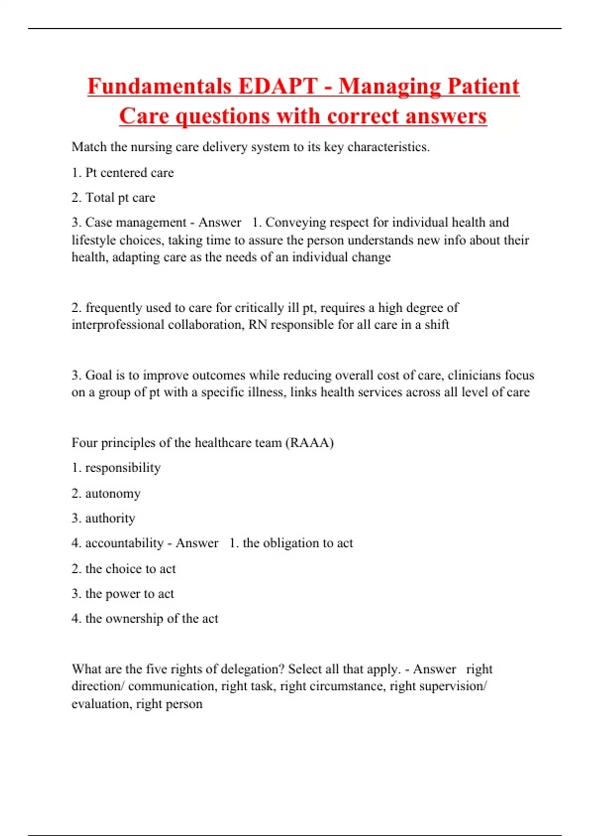 Fundamentals EDAPT Managing Patient Care questions with correct