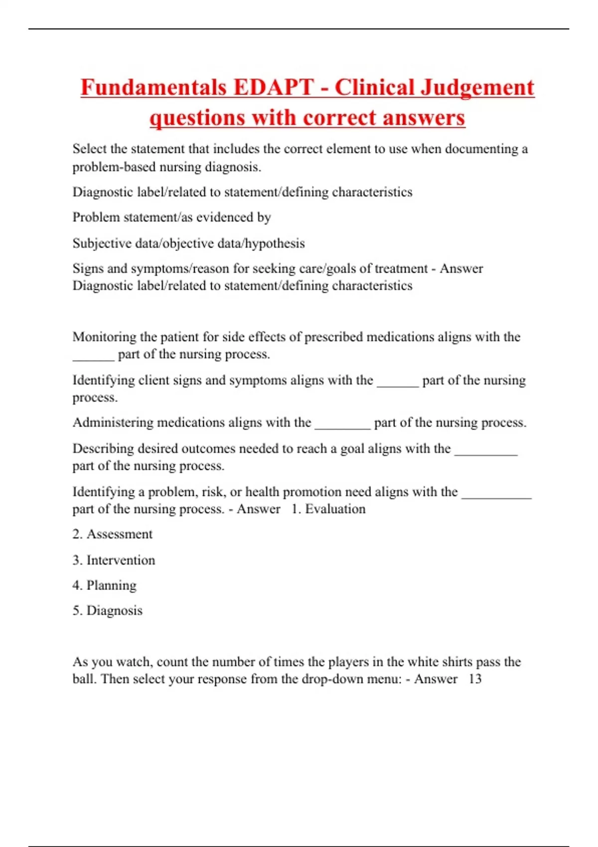 Fundamentals EDAPT Clinical Judgement questions with correct answers