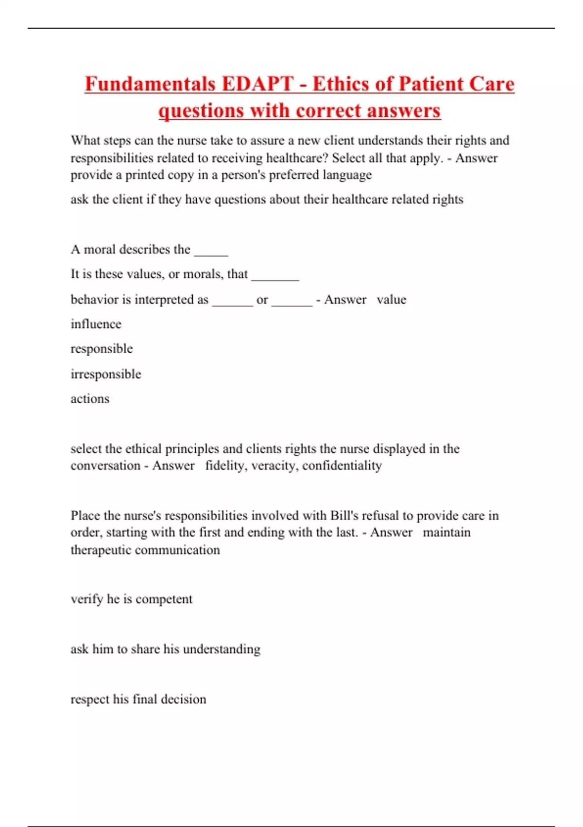 Fundamentals EDAPT Ethics of Patient Care questions with correct
