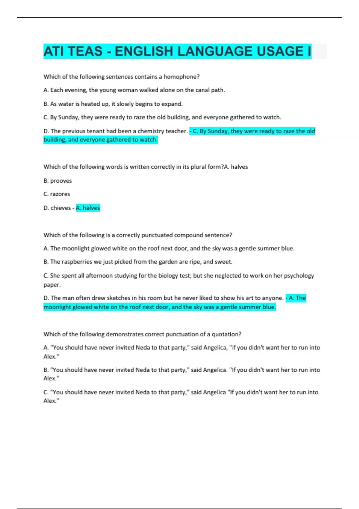 ATI TEAS - ENGLISH LANGUAGE USAGE IATEST 2022. 8 pages of comprehensive ...