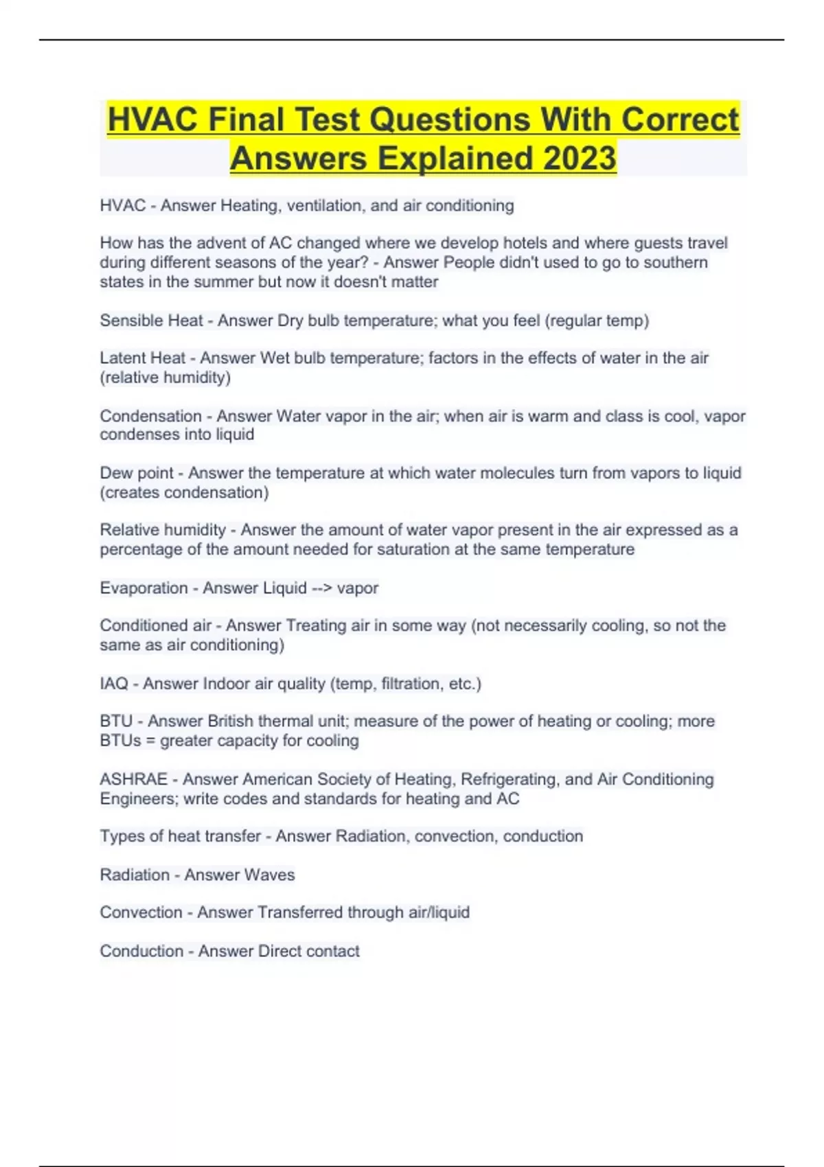 HVAC Final Test Questions With Correct Answers Explained 2023 Hvac