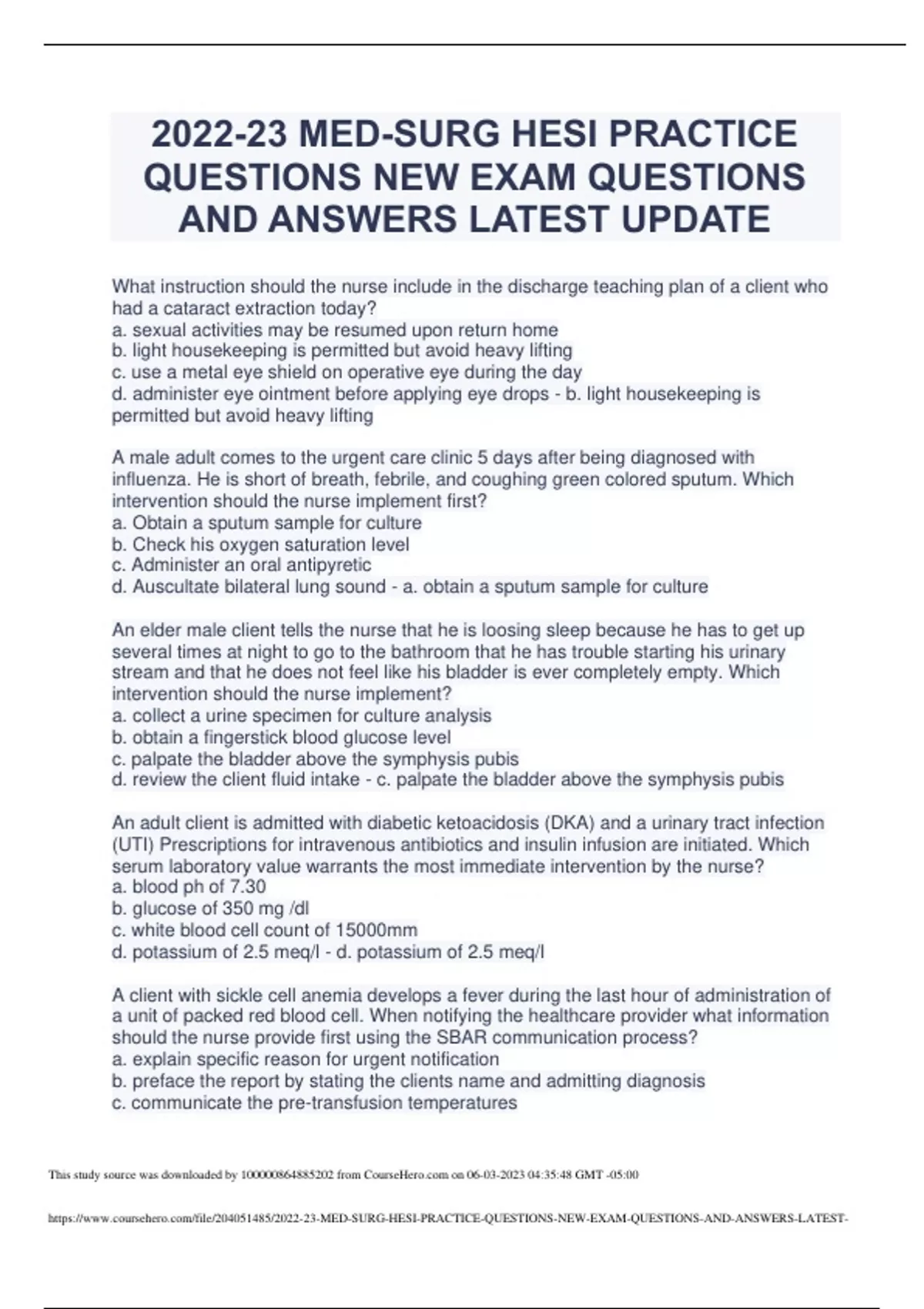 MED SURG HESI EXAM QUESTIONS With All Answers Verified Correct - BSN ...