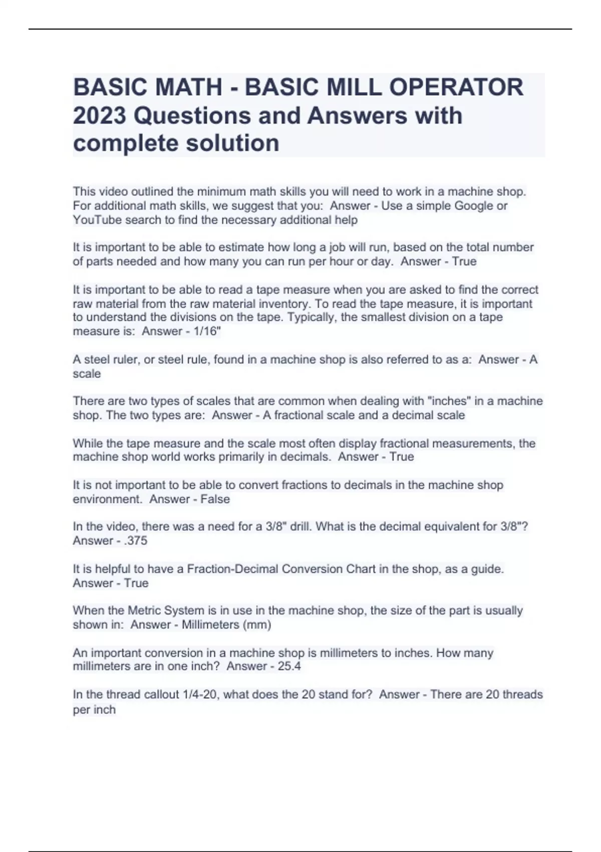 BASIC MATH BASIC MILL OPERATOR 2023 Questions and Answers with