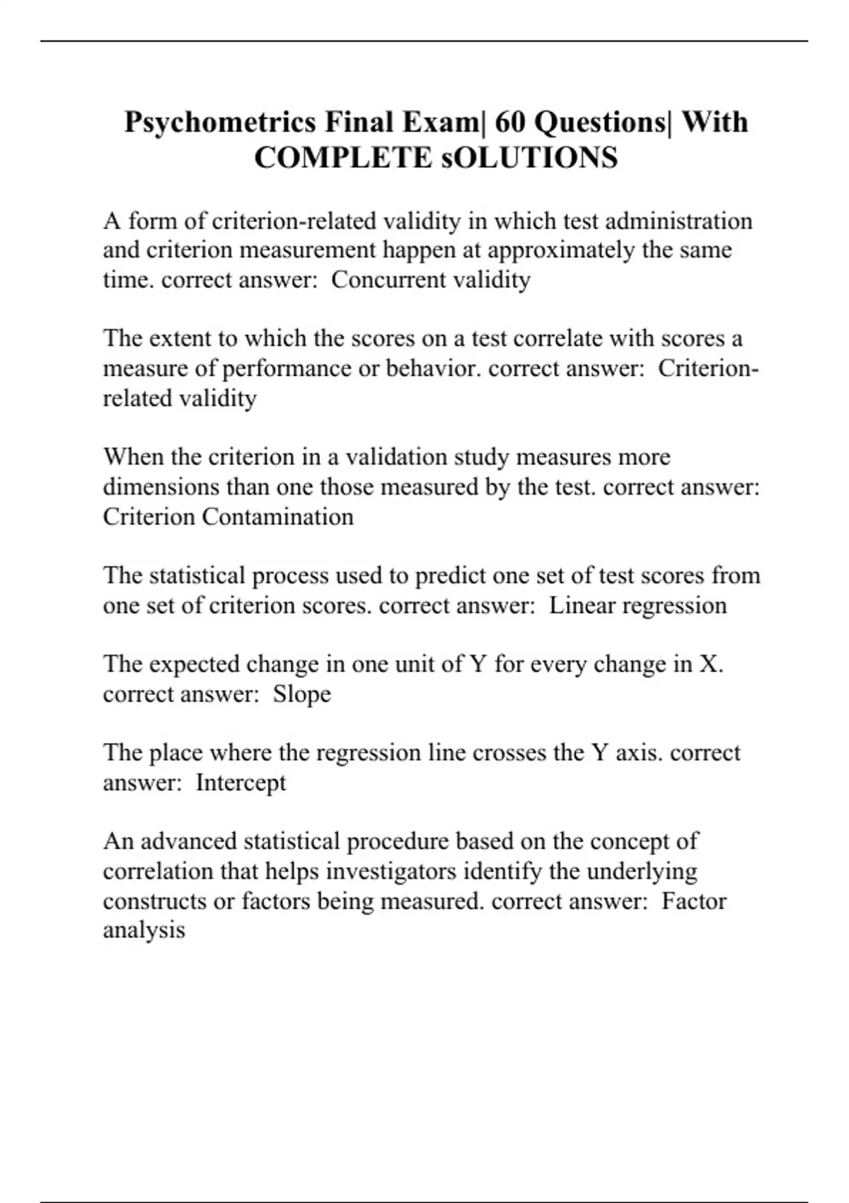 Psychometrics Final Exam| 60 Questions| With COMPLETE sOLUTIONS ...
