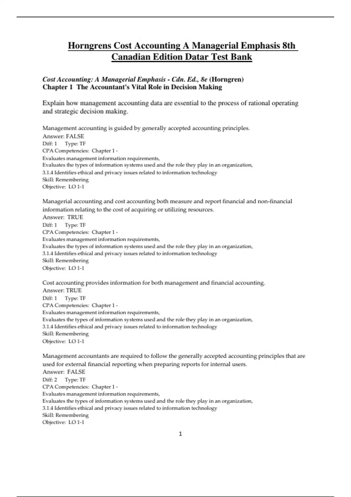 Test Bank for Horngrens Cost Accounting A Managerial Emphasis 8th ...