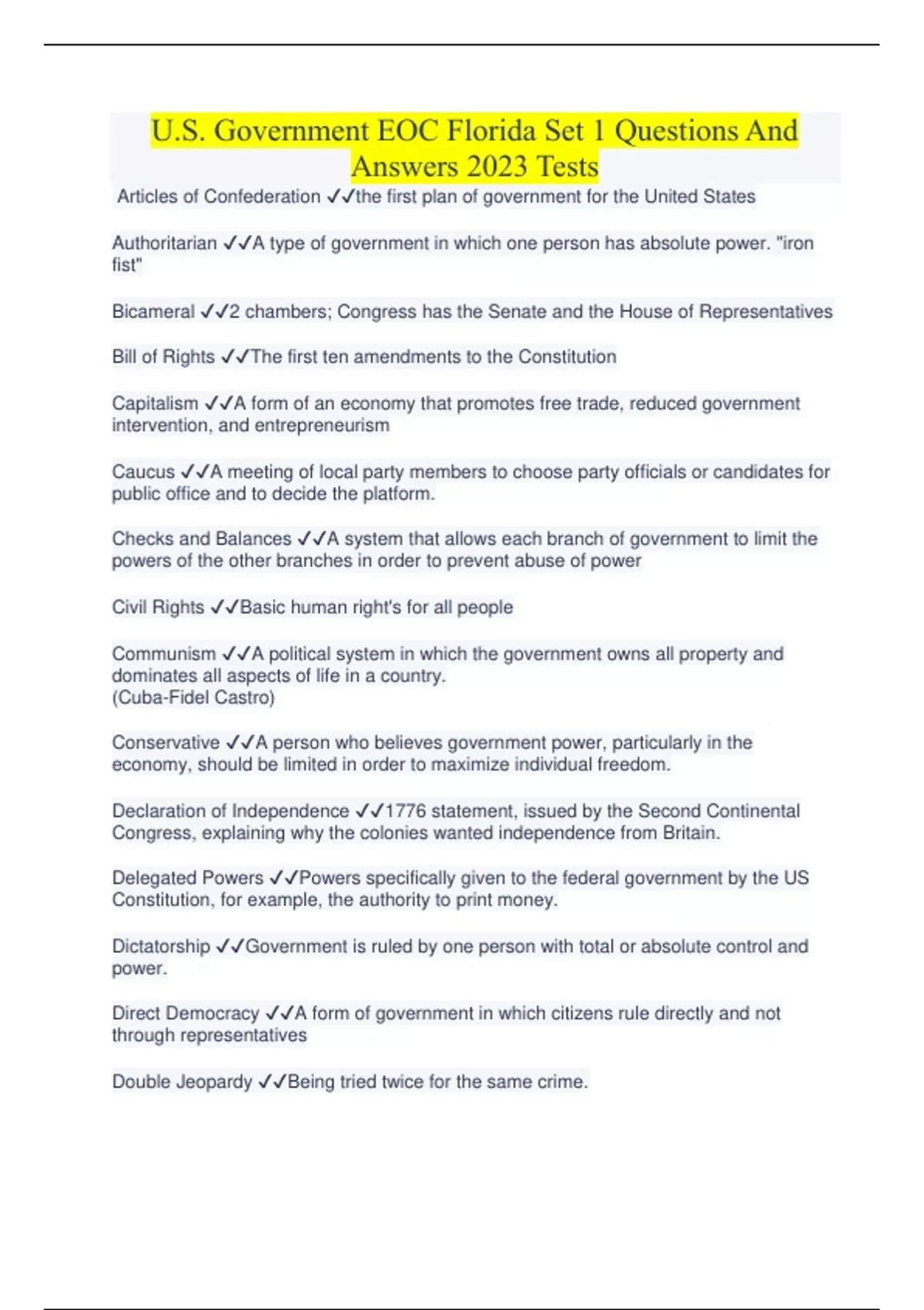 U.S. Government EOC Florida Set 1 Questions And Answers 2023 Tests U