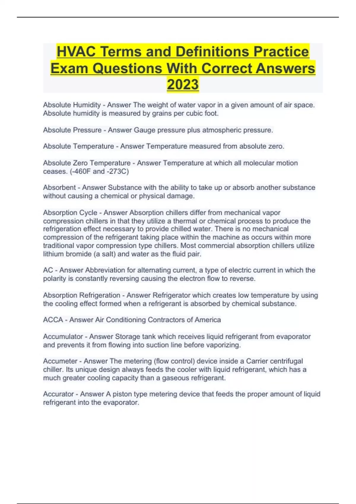 HVAC Terms and Definitions Practice Exam Questions With Correct Answers