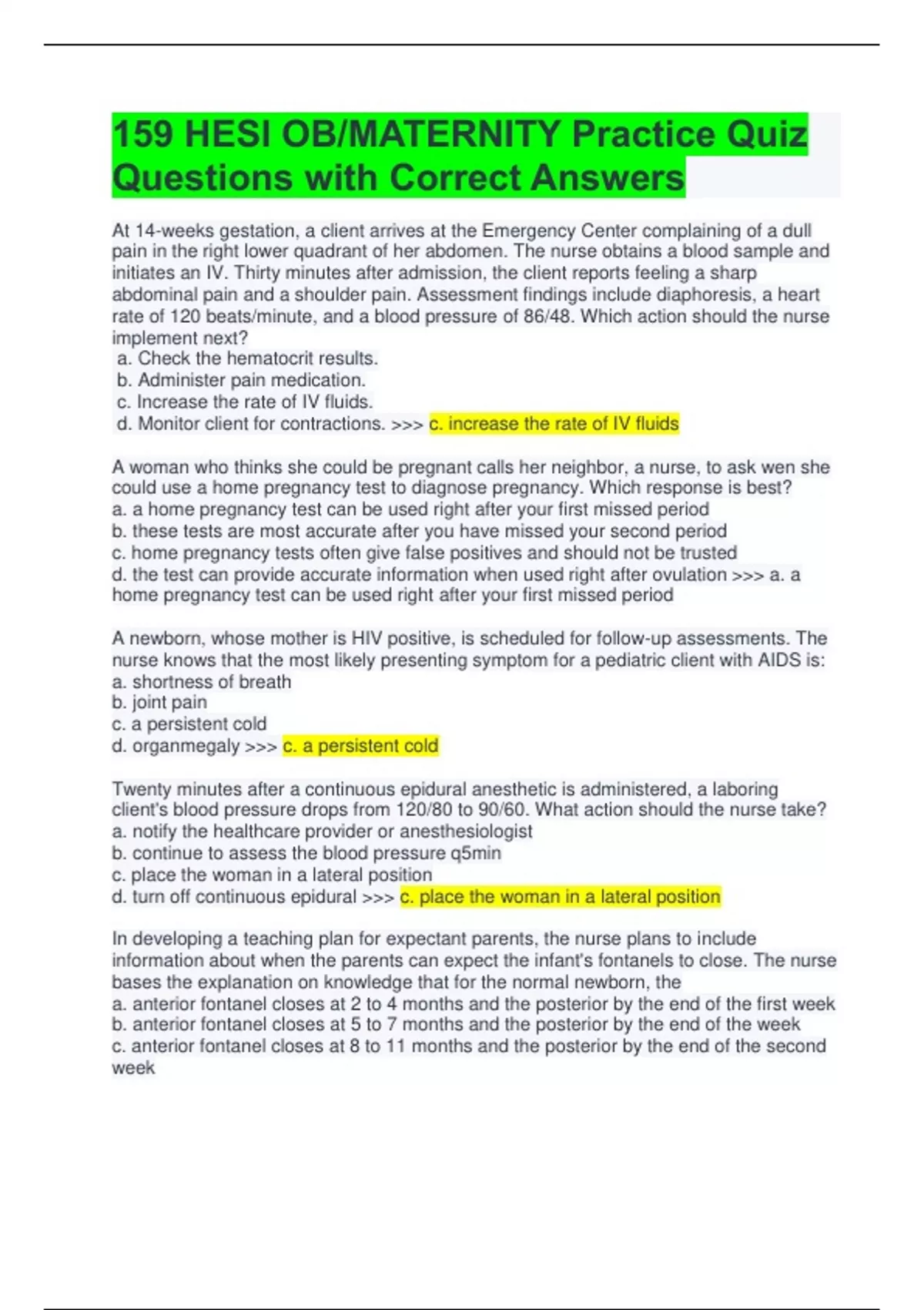159 HESI OB/MATERNITY Practice Quiz Questions with Correct Answers ...