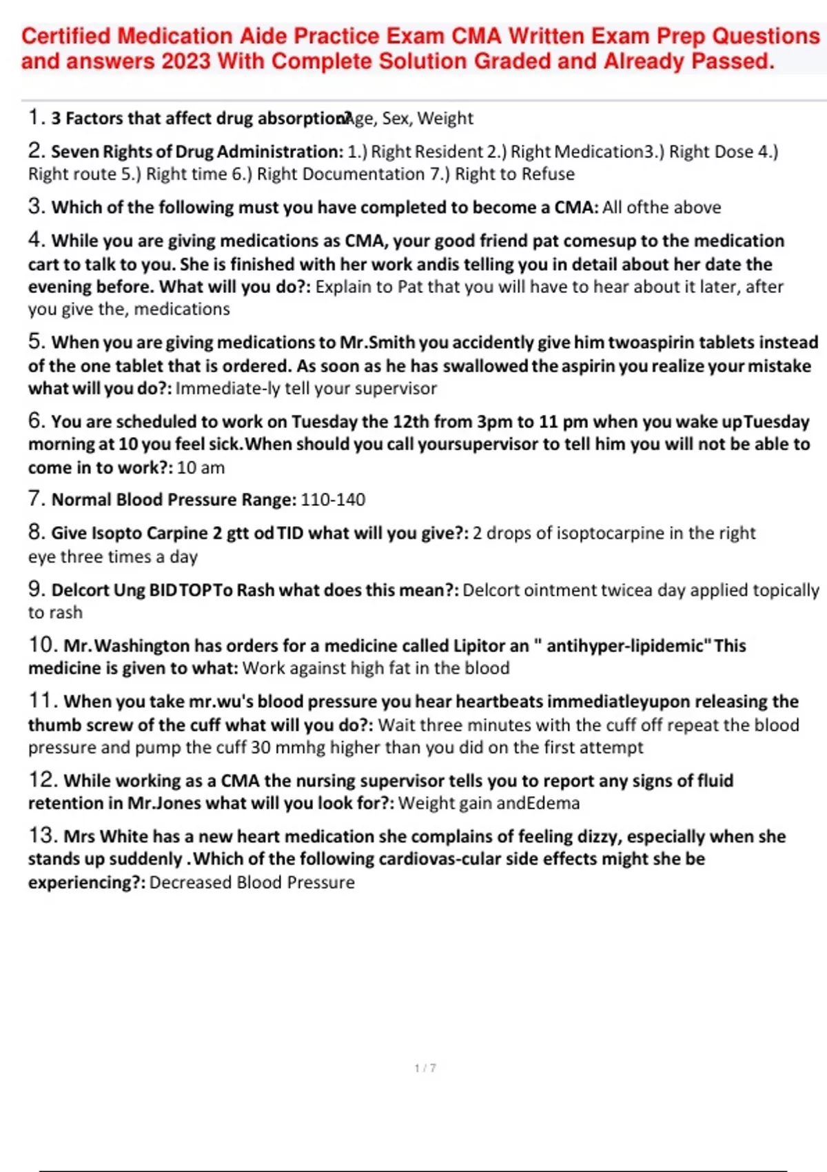 Certified Medication Aide Practice Exam CMA Written Exam Prep Questions and answers 2023 With