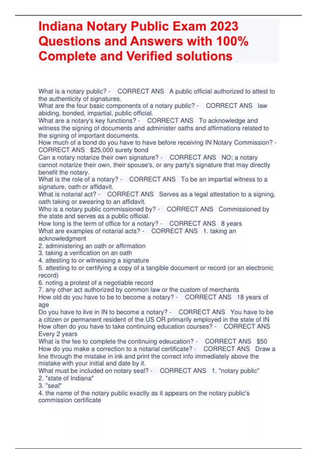 Indiana Notary Public Exam 2023 Questions and Answers with 100