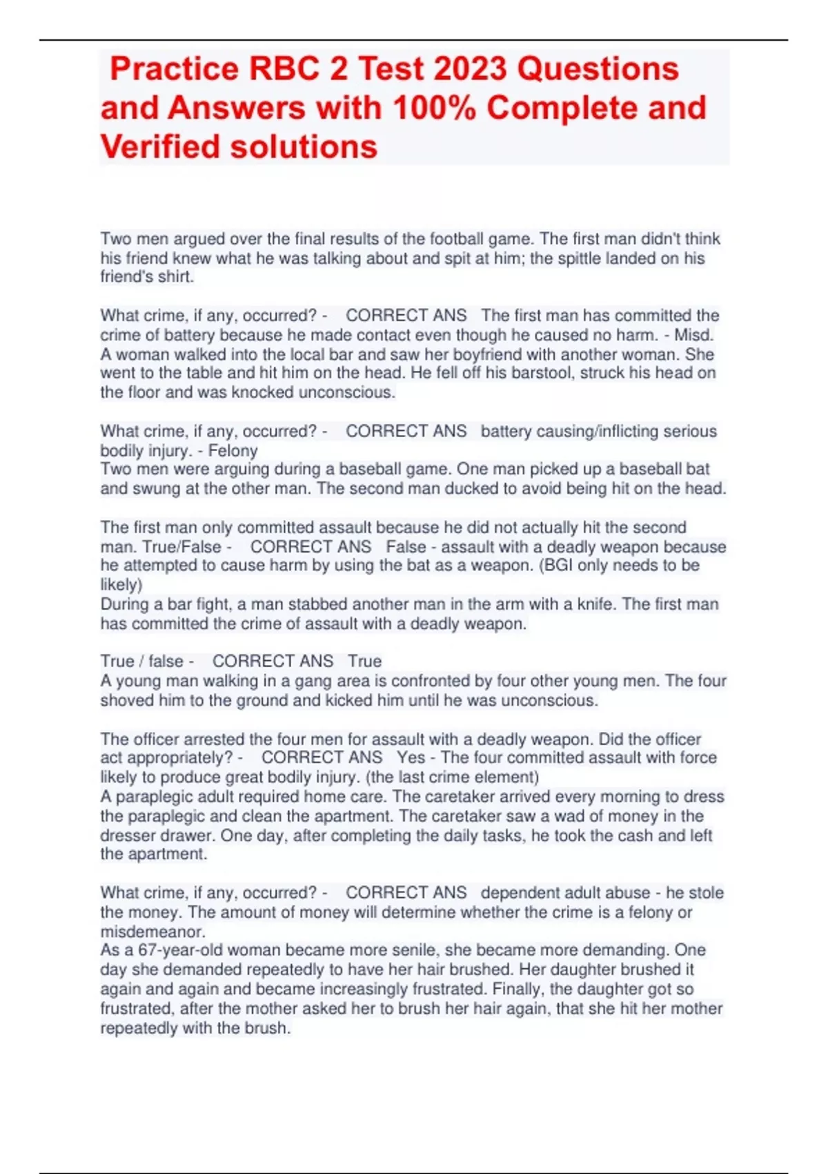 Practice RBC 2 Test 2023 Questions and Answers with 100% Complete and ...