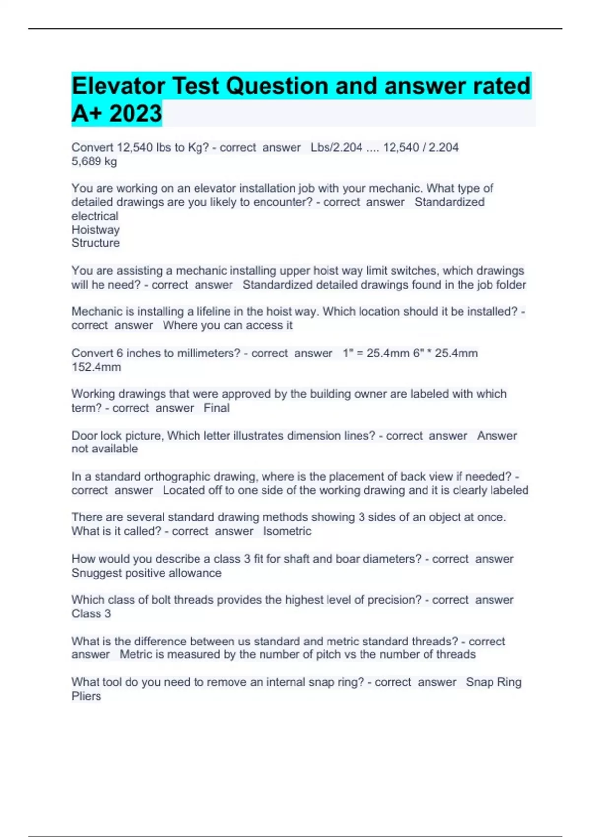 Elevator Test Question and answer rated A+ 2023 Elevator Stuvia US