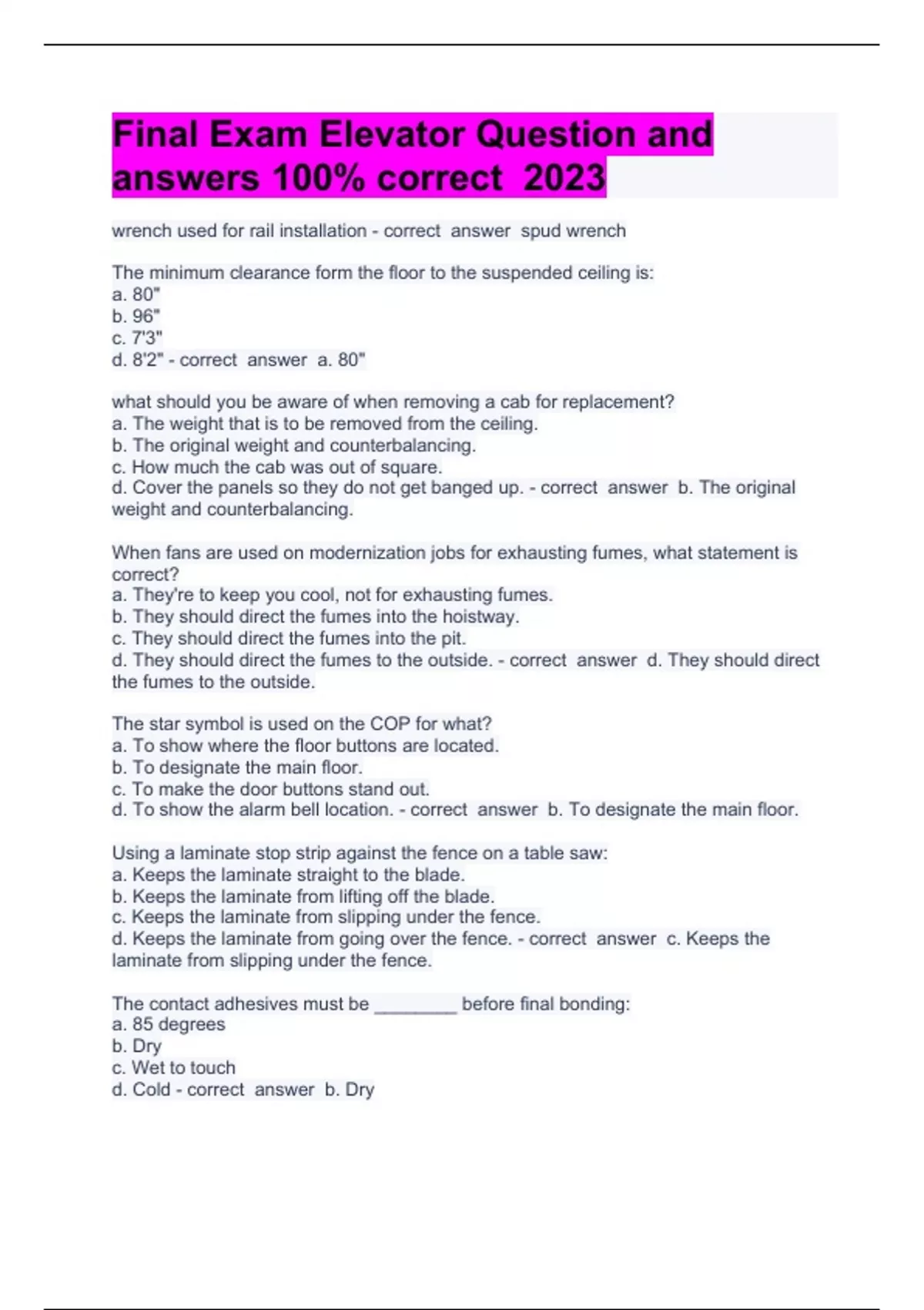 Final Exam Elevator Question and answers 100 correct 2023 Elevator Stuvia US